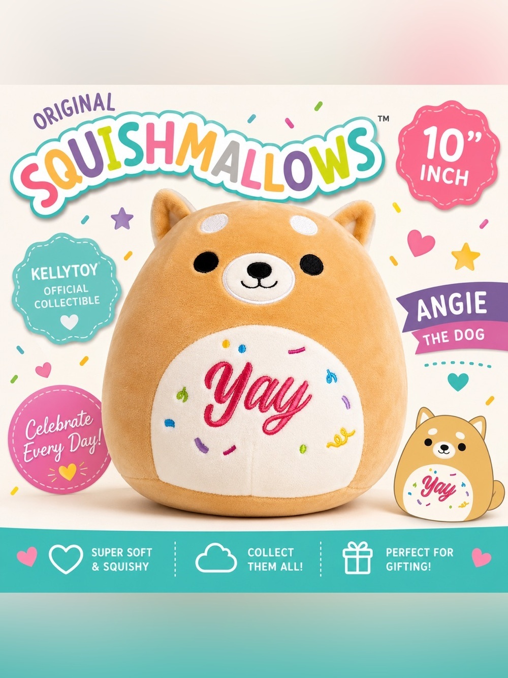 Squishmallows Kellytoy 10” Angie the Dog “Yay” Plush |Collectible Stuffed Animal